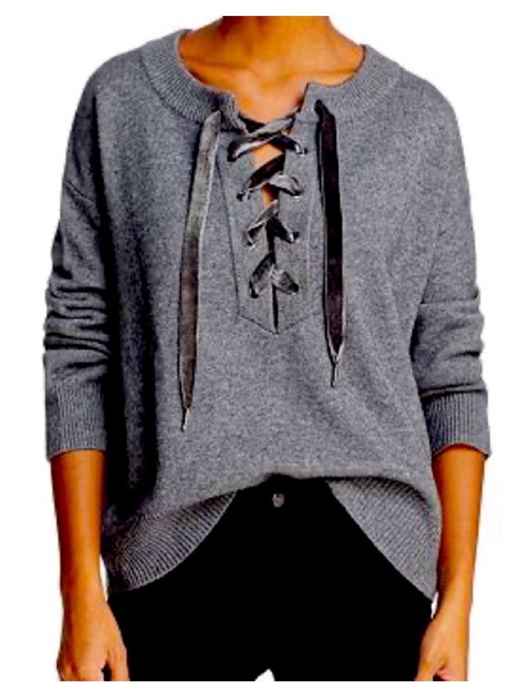 Rails Olivia Oversized Wool Cashmere Velvet Lace-Up Sweater Small Ash Gray